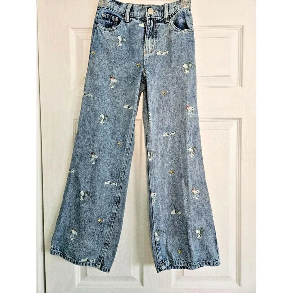 Justice Girls Peanuts Snoopy Wide Leg Acid Wash Jeans Light Blue Size 10